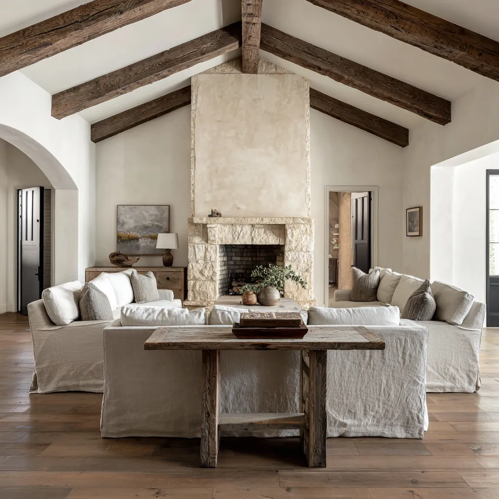 Symmetrical modern shabby chic living room with paired slipcovered sofas, tall plaster fireplace, exposed trusses Symmetrical modern shabby chic living room with paired slipcovered sofas, tall plaster fireplace, exposed trusses