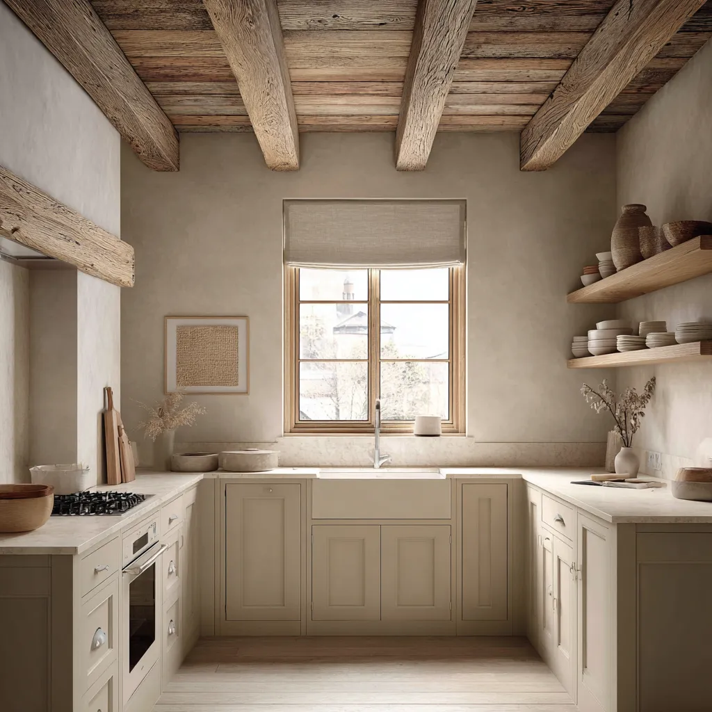 Symmetrical rustic kitchen with heavy weathered beams overhead, pale cabinetry centered on a sink and window, oak Symmetrical rustic kitchen with heavy weathered beams overhead, pale cabinetry centered on a sink and window, oak