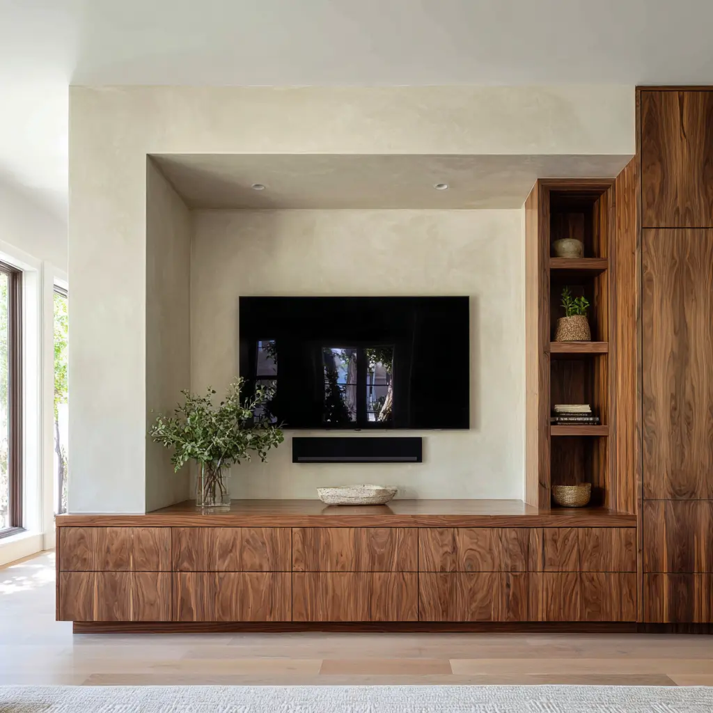 TV wall design with thick pale plaster-style frame, deep recessed opening, dark wood cabinetry below, and open shelving with decor TV wall design with thick pale plaster-style frame, deep recessed opening, dark wood cabinetry below, and open shelving with decor