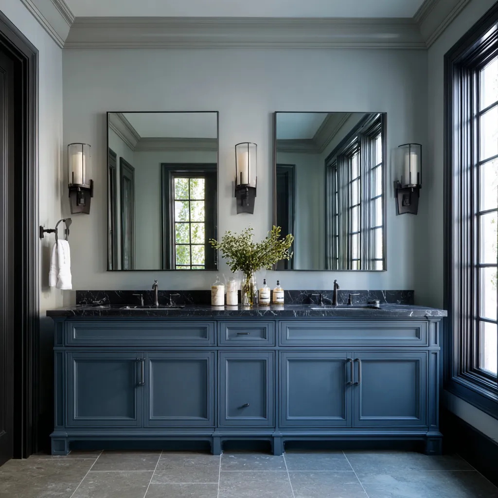 Tailored Colonial bathroom with a blue-gray double vanity, dark stone countertop, two slim rectangular mirrors Tailored Colonial bathroom with a blue-gray double vanity, dark stone countertop, two slim rectangular mirrors