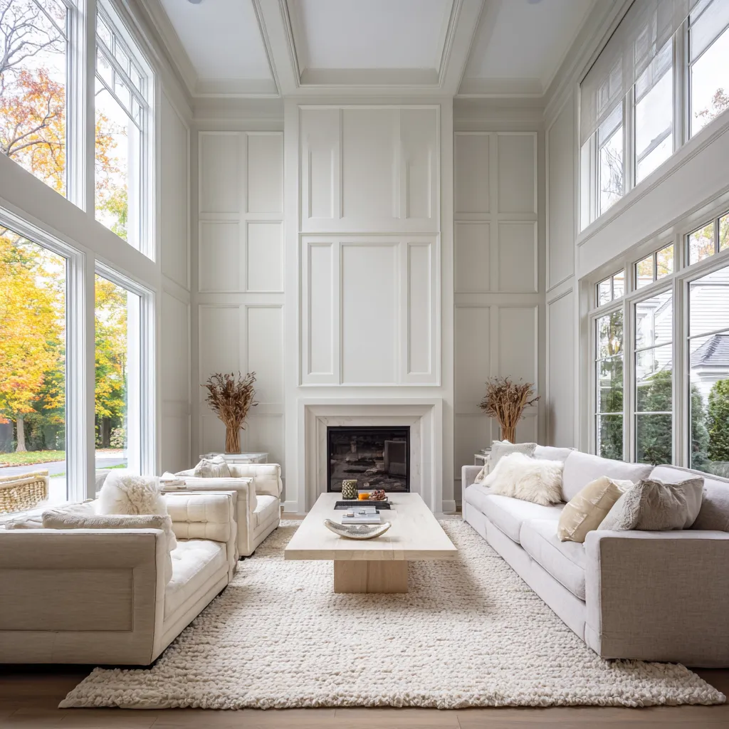 Tall, pared-back modern Hamptons living room with pale wall paneling, soaring windows, a small understated fireplace Tall, pared-back modern Hamptons living room with pale wall paneling, soaring windows, a small understated fireplace