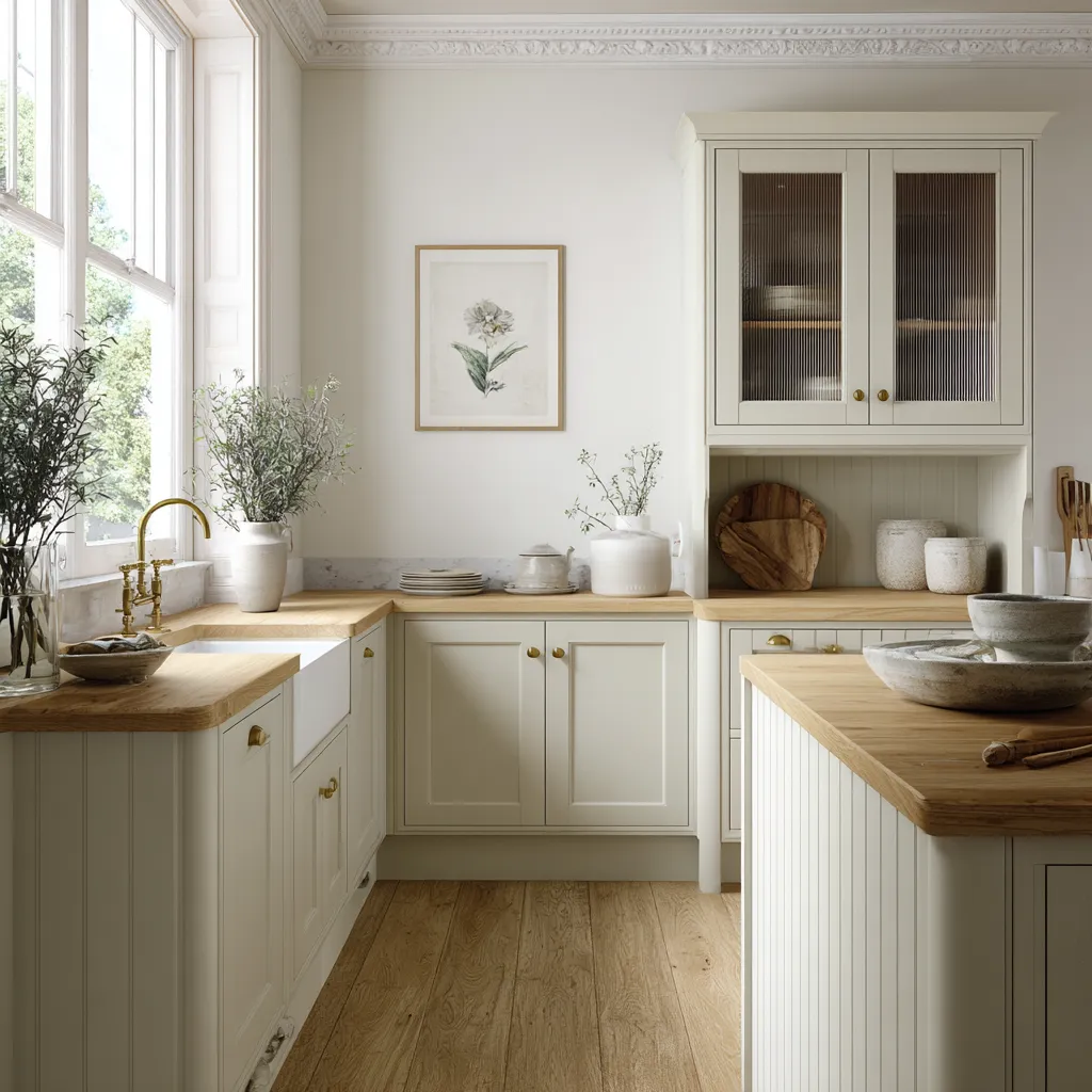 Tall, pared-back shabby chic kitchen design with beadboard-style paneling, wood counters, ribbed-glass cabinet doors Tall, pared-back shabby chic kitchen design with beadboard-style paneling, wood counters, ribbed-glass cabinet doors