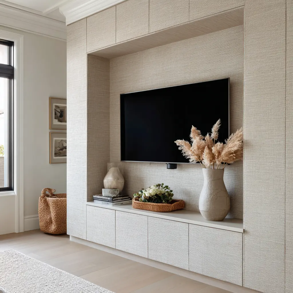Textured linen-finish built-in TV wall with deep recessed niche, pale cabinetry, and minimal neutral decor with dried stems and greenery Textured linen-finish built-in TV wall with deep recessed niche, pale cabinetry, and minimal neutral decor with dried stems and greenery