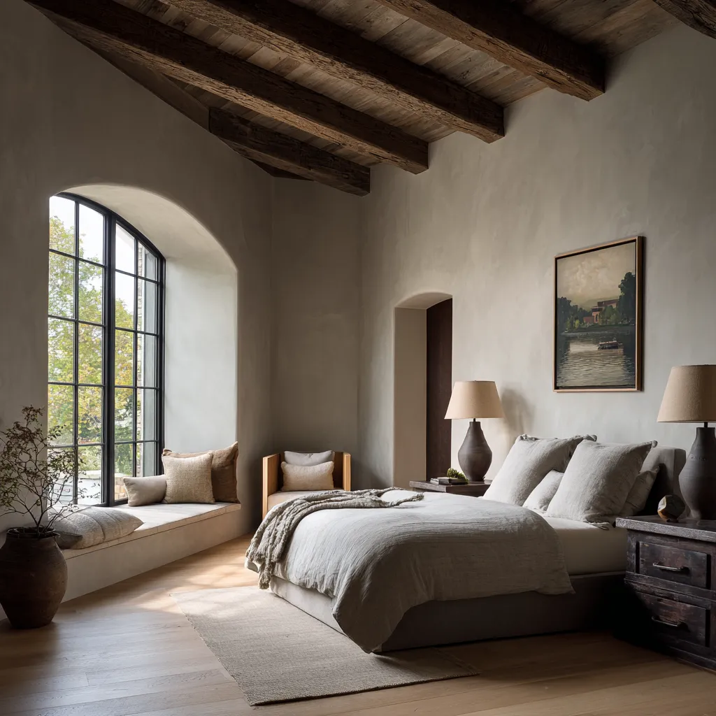 The Santa Barbara style bedroom ideas with beams, a tall black window frame, a dark wood nightstands, and a deep recesses The Santa Barbara style bedroom ideas with beams, a tall black window frame, a dark wood nightstands, and a deep recesses