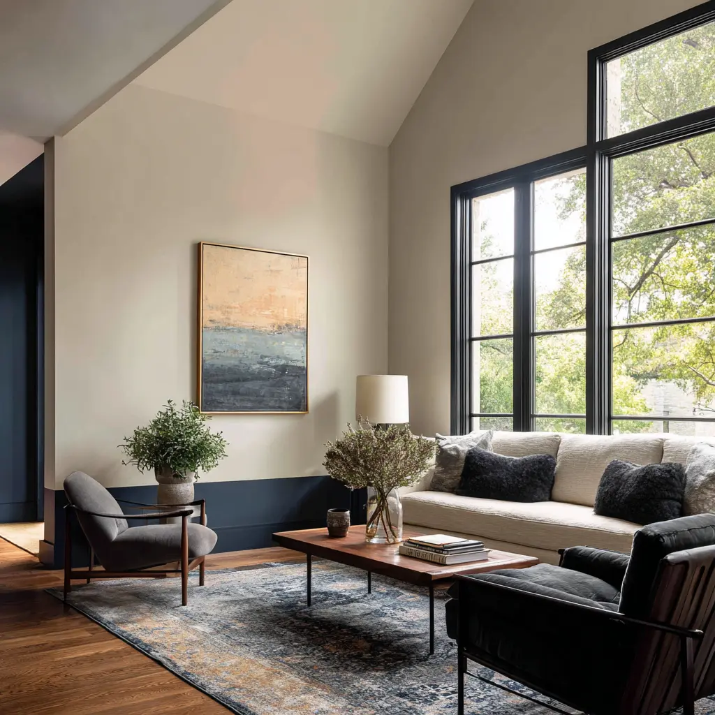 The split is set low, around sofa-back and side-table height, which is a very smart choice
