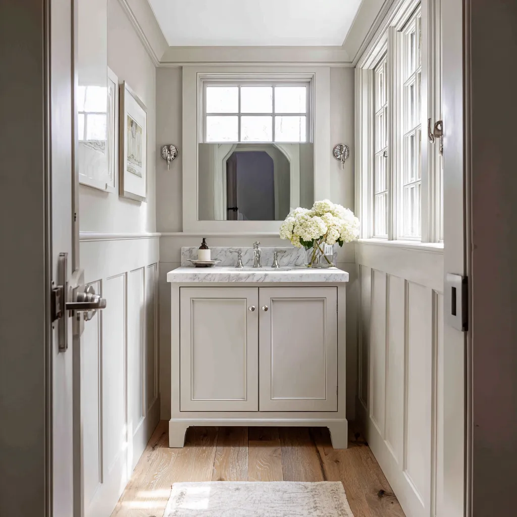 Tiny Colonial bathroom with lower wall paneling, a centered paneled vanity beneath a high window, pale marble top Tiny Colonial bathroom with lower wall paneling, a centered paneled vanity beneath a high window, pale marble top