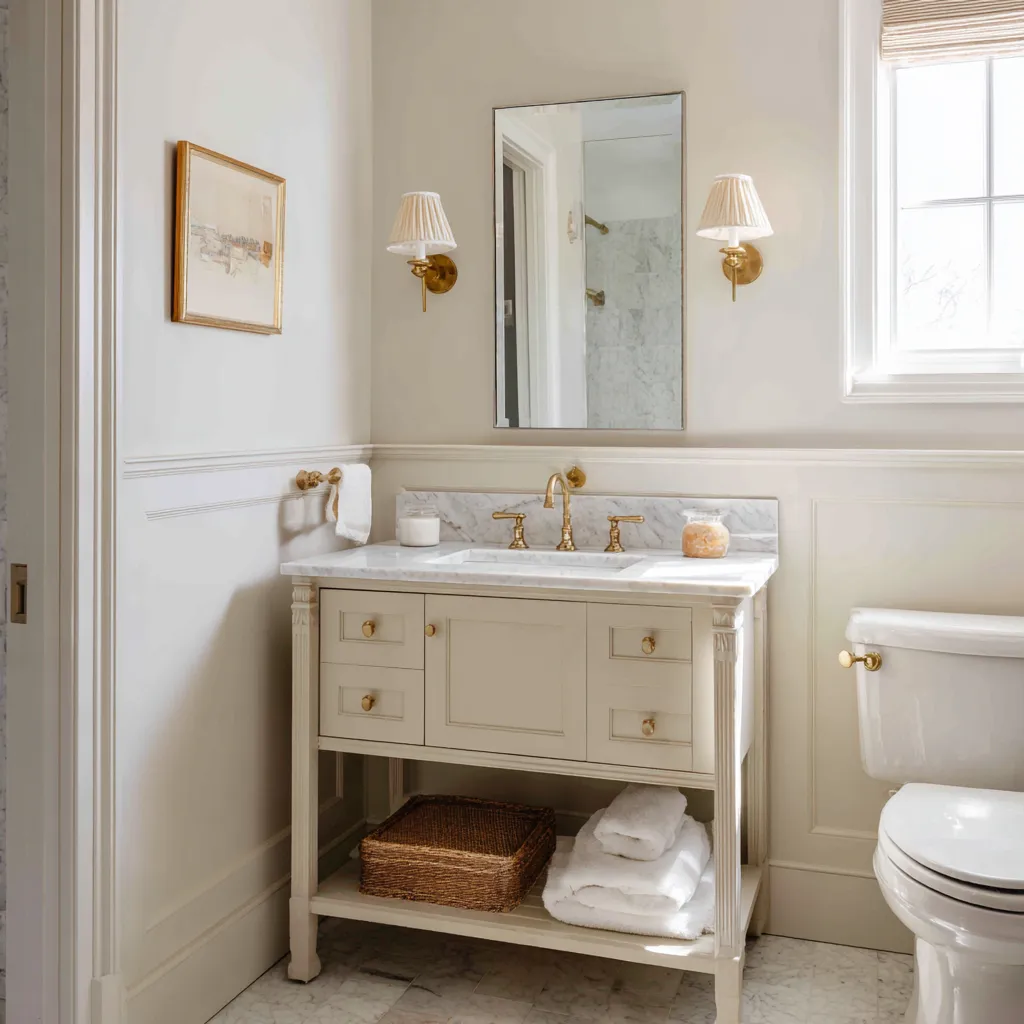 Tiny modern shabby chic bathroom with furniture-style washstand vanity on slender legs, marble countertop Tiny modern shabby chic bathroom with furniture-style washstand vanity on slender legs, marble countertop