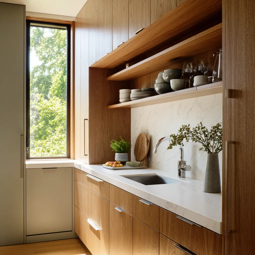 Tiny wood niche scullery with recessed shelves, white stone counter, slim window, grouped dishes and glassware Tiny wood niche scullery with recessed shelves, white stone counter, slim window, grouped dishes and glassware