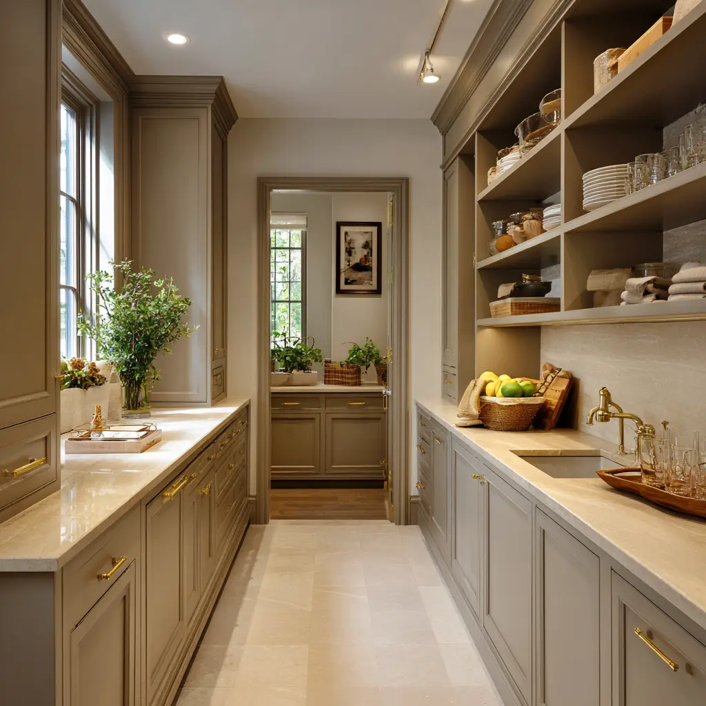 Traditional galley scullery with taupe paneled cabinets, brass hardware, built-in open shelves, pale counters Traditional galley scullery with taupe paneled cabinets, brass hardware, built-in open shelves, pale counters