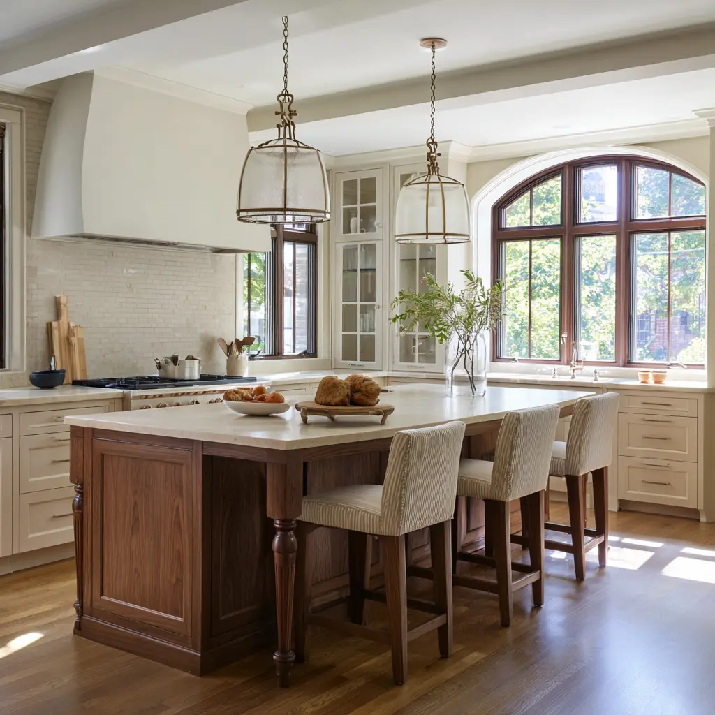 Traditional kitchen island styled like a central table with turned wood legs, thick pale stone top, striped upholstered stools Traditional kitchen island styled like a central table with turned wood legs, thick pale stone top, striped upholstered stools