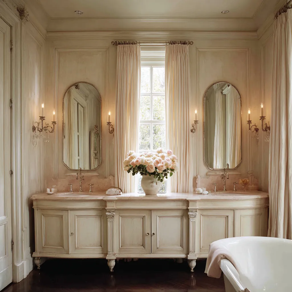 Traditional romantic shabby chic bathroom with symmetrical double vanity, paneled cream cabinetry on turned legs, tall arched mirrors Traditional romantic shabby chic bathroom with symmetrical double vanity, paneled cream cabinetry on turned legs, tall arched mirrors
