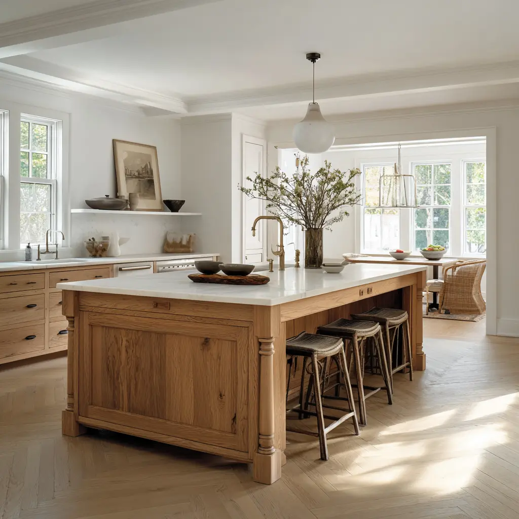 Transitional oak kitchen island with slimmer turned posts, pale stone top, darker stools, brass-toned faucet, and an open layout Transitional oak kitchen island with slimmer turned posts, pale stone top, darker stools, brass-toned faucet, and an open layout