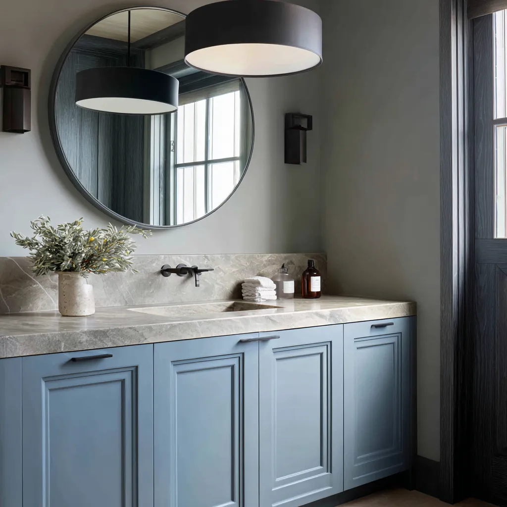 Trendy moody Colonial-inspired bathroom with a blue-gray paneled vanity, round black-framed mirror, dark window trim, drum ceiling light Trendy moody Colonial-inspired bathroom with a blue-gray paneled vanity, round black-framed mirror, dark window trim, drum ceiling light