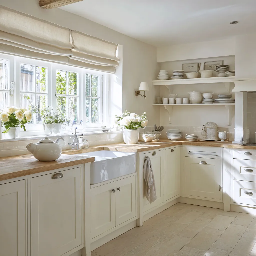 U-shaped shabby chic kitchen with a farmhouse sink under a large multi-pane window, open shelves U-shaped shabby chic kitchen with a farmhouse sink under a large multi-pane window, open shelves