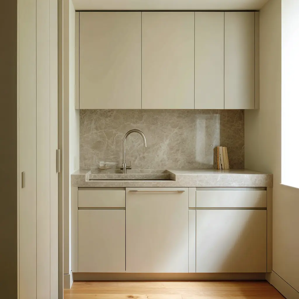 Ultra-minimal compact scullery wall with centered integrated sink, continuous taupe stone backsplash and counter, flat upper cabinets Ultra-minimal compact scullery wall with centered integrated sink, continuous taupe stone backsplash and counter, flat upper cabinets
