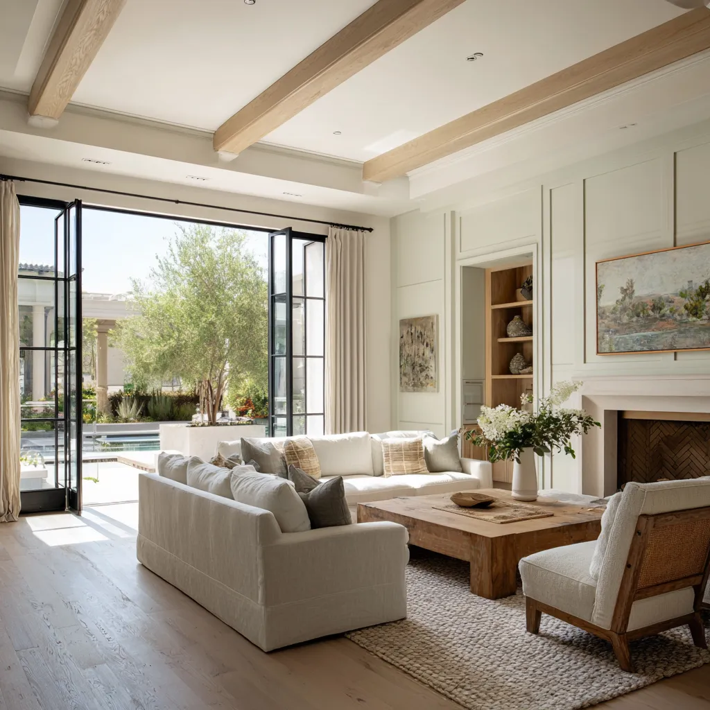 Updated modern Hamptons living room ideas with crisp wall paneling, deep neutral sofas, black-framed glass doors Updated modern Hamptons living room ideas with crisp wall paneling, deep neutral sofas, black-framed glass doors