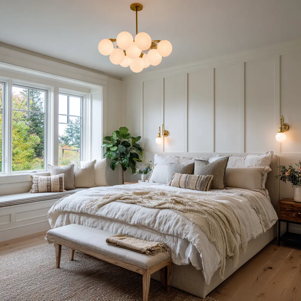 Very bright Craftsman-inspired bedroom with vertical paneled wall, built-in window bench, globe chandelier, brass sconces