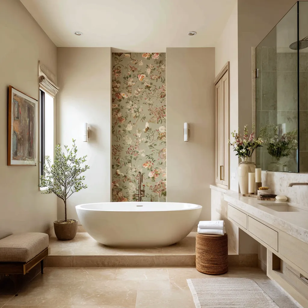 Very modern shabby chic bathroom with centered tub on platform, large floral wall panel, long minimalist vanity