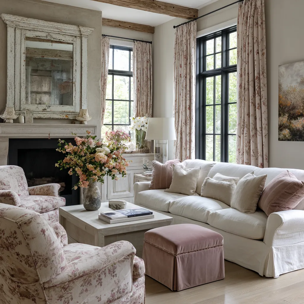 Very romantic modern shabby chic living room with floral draperies, floral armchairs, distressed mirror above fireplace Very romantic modern shabby chic living room with floral draperies, floral armchairs, distressed mirror above fireplace