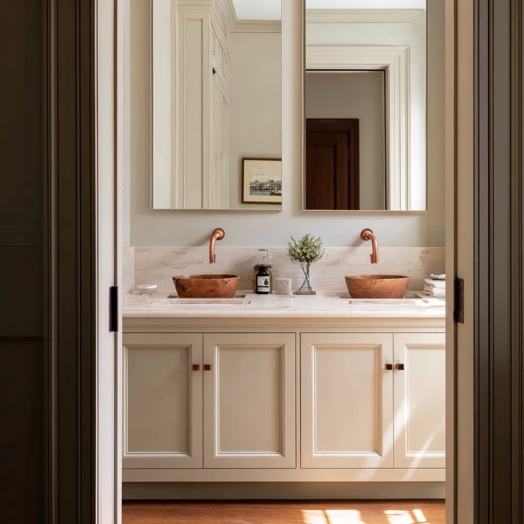 Warm Colonial double vanity with pale paneled cabinetry, tall mirrors, pale stone top, and two copper-toned vessel sinks Warm Colonial double vanity with pale paneled cabinetry, tall mirrors, pale stone top, and two copper-toned vessel sinks