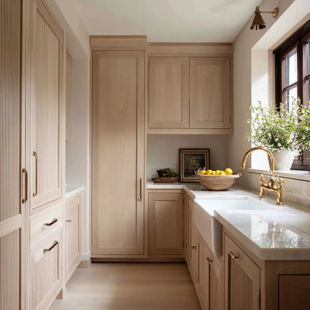 Warm classic scullery with pale oak cabinets, fluted lower details, farmhouse sink under window, brass fittings, marble-look counter Warm classic scullery with pale oak cabinets, fluted lower details, farmhouse sink under window, brass fittings, marble-look counter