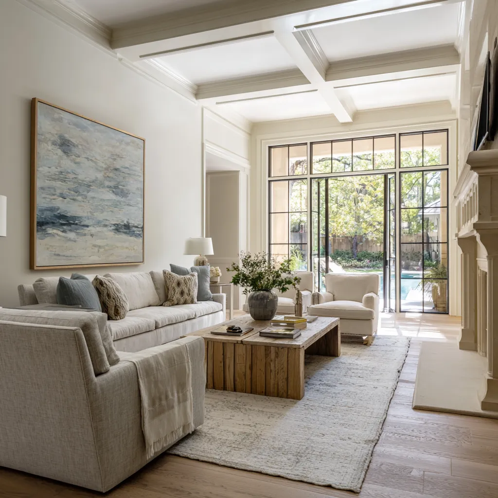 Warm modern Hamptons living room with a broad coffered ceiling, pale upholstered seating, a chunky rustic wood coffee table Warm modern Hamptons living room with a broad coffered ceiling, pale upholstered seating, a chunky rustic wood coffee table