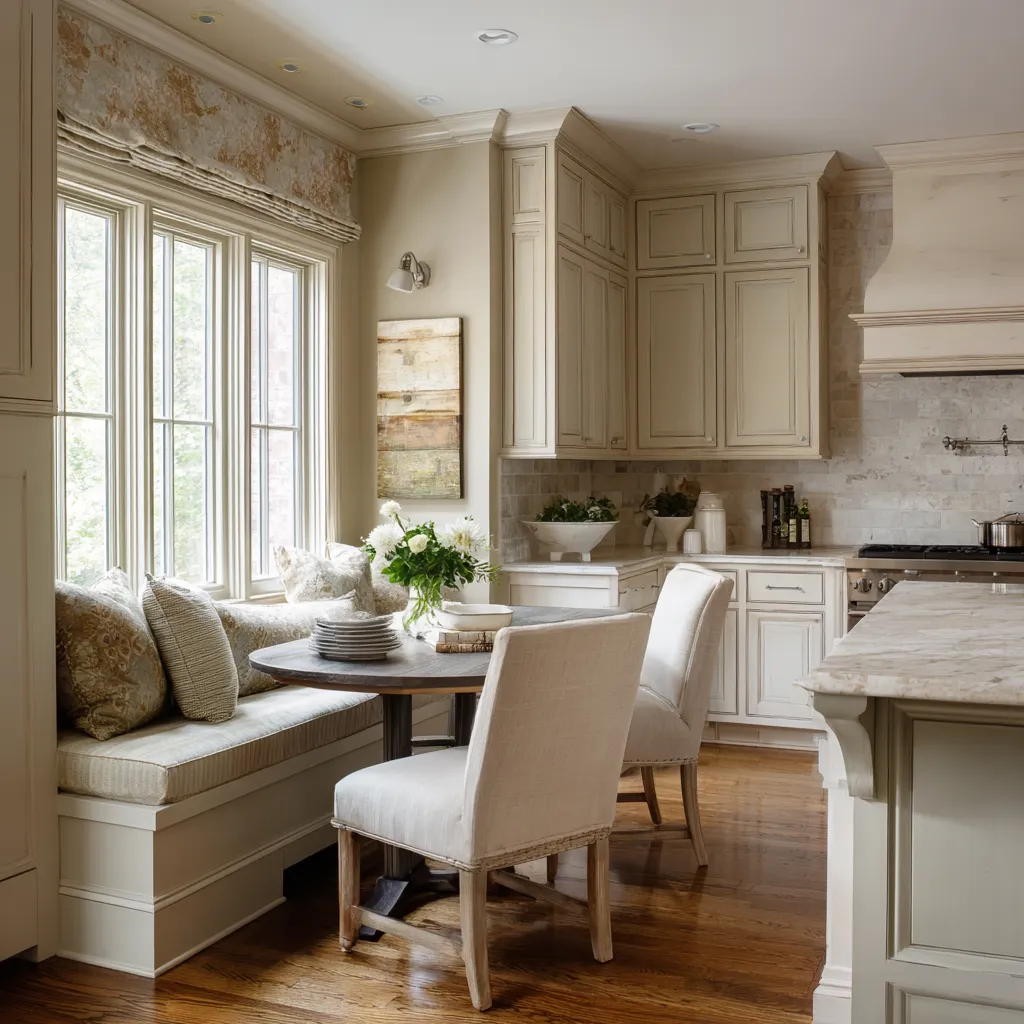 Warm neutral kitchen with a built-in banquette under a tall window, layered pillows, a round dining table Warm neutral kitchen with a built-in banquette under a tall window, layered pillows, a round dining table