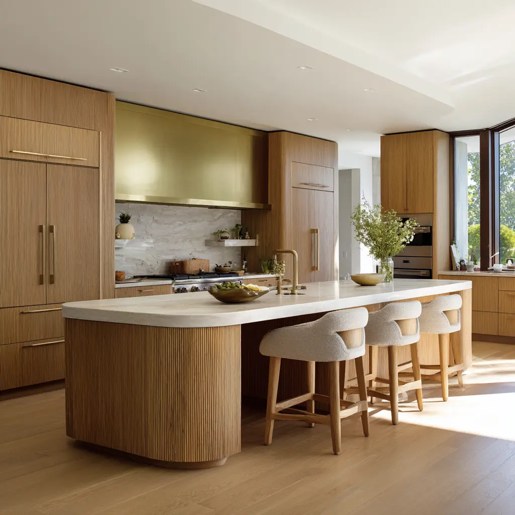 Warm wood kitchen island with fluted cladding, rounded ends, pale stone top, softly curved stools, and coordinated metallic accents Warm wood kitchen island with fluted cladding, rounded ends, pale stone top, softly curved stools, and coordinated metallic accents