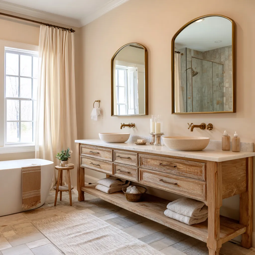 Warm wood modern shabby chic bathroom with long farmhouse-style vanity, open shelf with towels, vessel sinks Warm wood modern shabby chic bathroom with long farmhouse-style vanity, open shelf with towels, vessel sinks