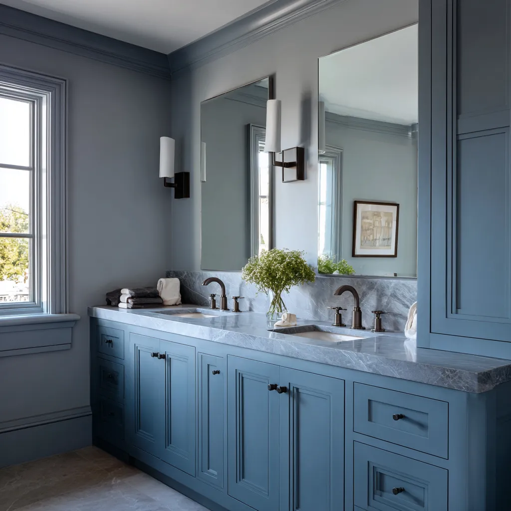 Wide Colonial bathroom in smoky blue-gray with a long paneled double vanity, twin tall mirrors, simple sconces