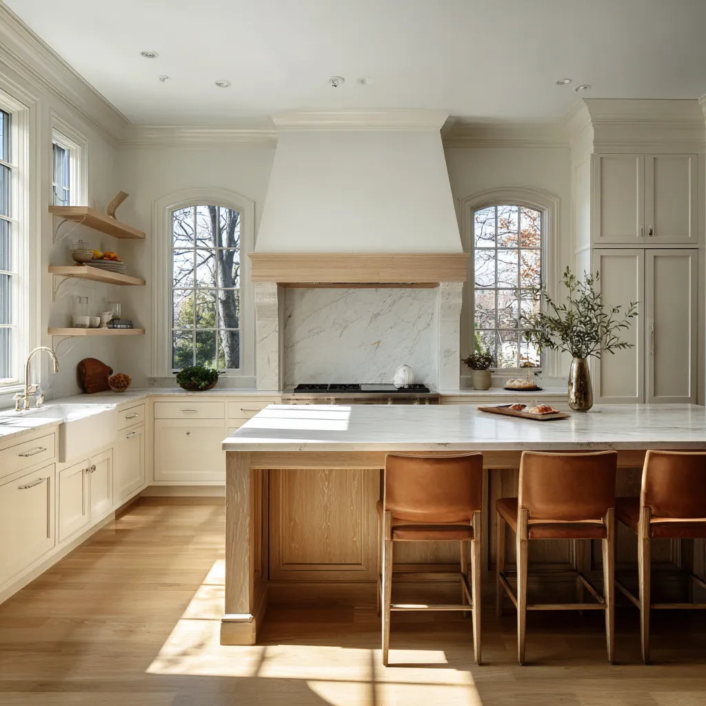 a broad central hood, arched side windows, a timber island, open shelving, leather stools, and pale marble in the cooking alcove