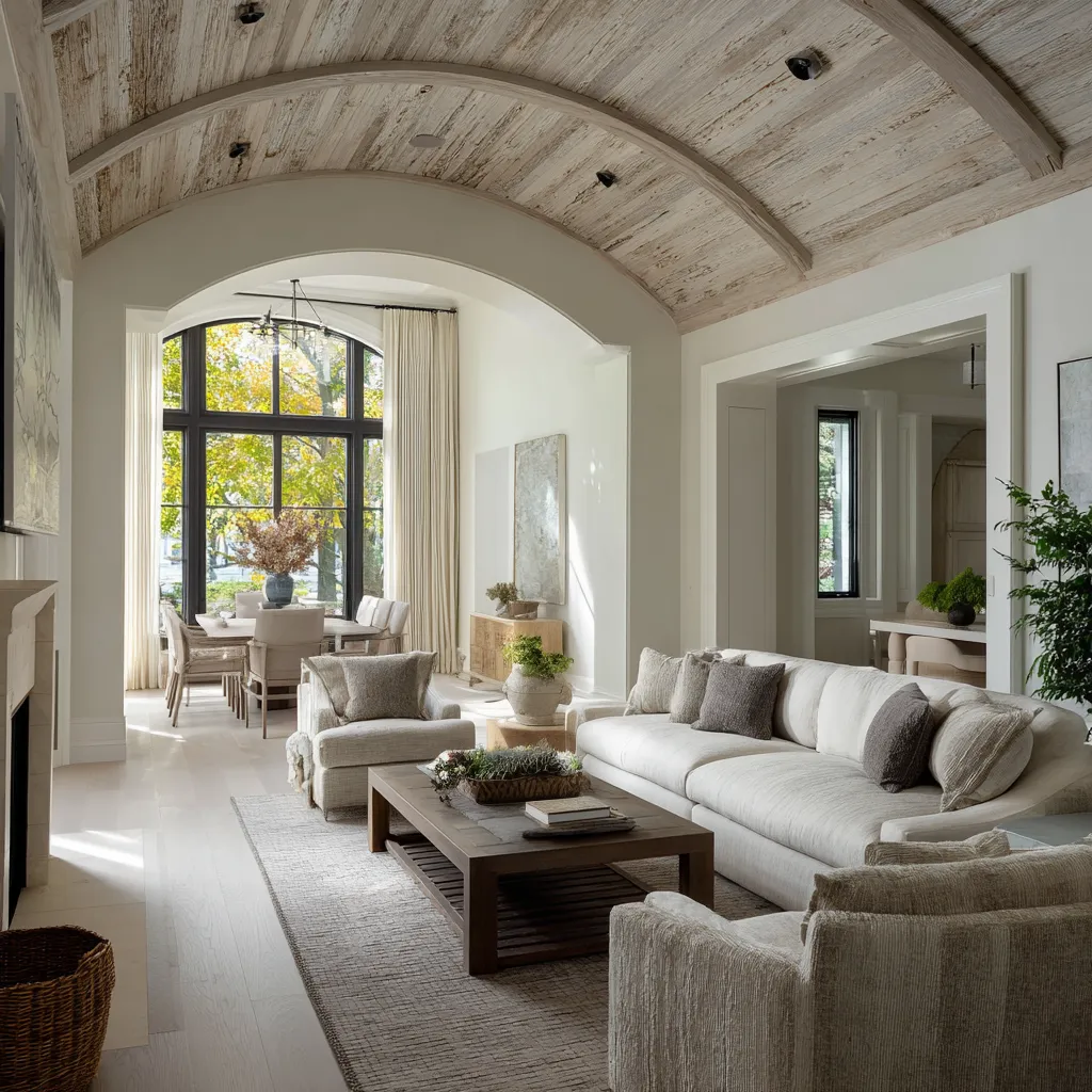a shallow barrel-vaulted lime-washed timber ceiling, a large interior arch opening in warm modern Hamptons living conccept a shallow barrel-vaulted lime-washed timber ceiling, a large interior arch opening in warm modern Hamptons living conccept
