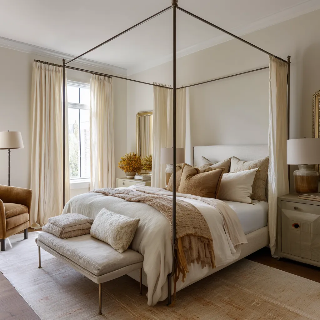 a slender dark metal canopy bed, soft side drapery, white and cream bedding, warm taupe and camel pillows a slender dark metal canopy bed, soft side drapery, white and cream bedding, warm taupe and camel pillows