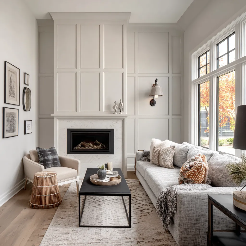 a small modern Hamptons living room where vertical paneling, black accents, and carefully scaled furniture a small modern Hamptons living room where vertical paneling, black accents, and carefully scaled furniture