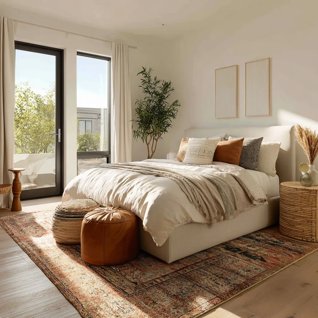 a very approachable version of California boho bedroom idea that leans into sunlight, patterned textiles, woven pieces a very approachable version of California boho bedroom idea that leans into sunlight, patterned textiles, woven pieces