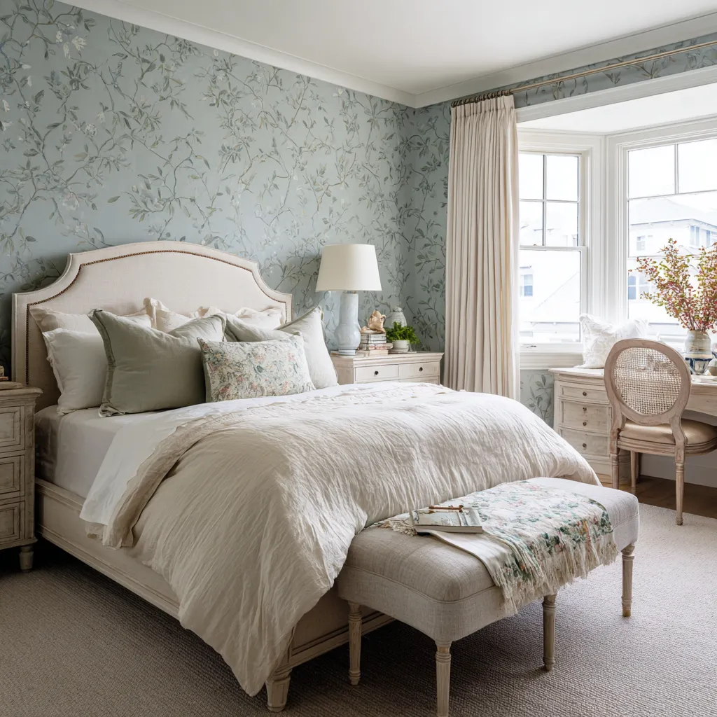 airy botanical wallpaper in blue-green tones, an arched upholstered headboard with nailhead trim, cream bedding, floral accents airy botanical wallpaper in blue-green tones, an arched upholstered headboard with nailhead trim, cream bedding, floral accents