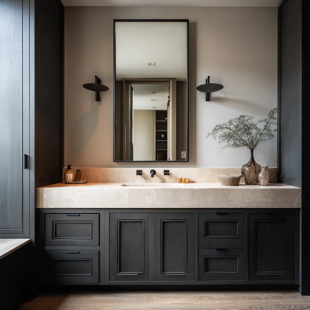architectural Colonial bathroom ideas with paneled wood cabinetry, a thick pale stone counter, tall mirror architectural Colonial bathroom ideas with paneled wood cabinetry, a thick pale stone counter, tall mirror