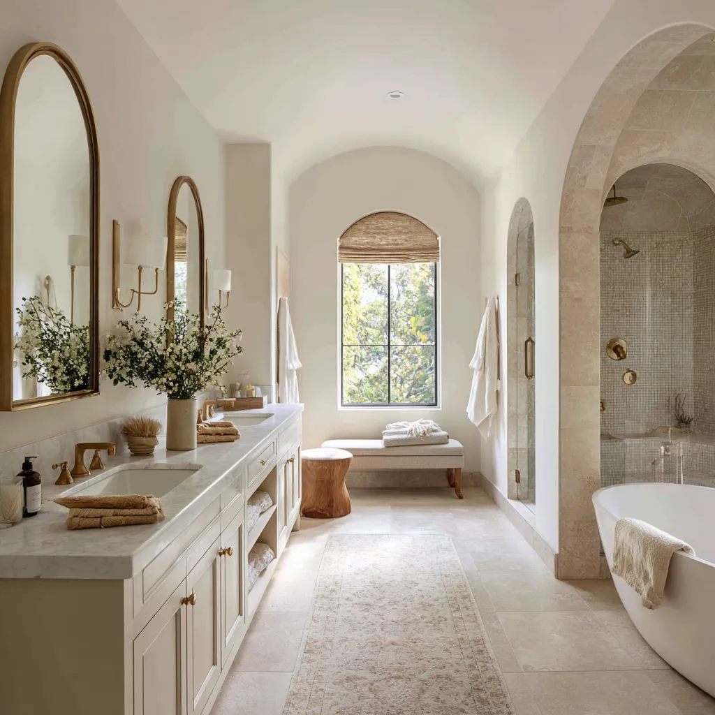 bathroom ideas with vaulted ceiling, repeated arches, long cream vanity with marble countertop, paired oval mirrors bathroom ideas with vaulted ceiling, repeated arches, long cream vanity with marble countertop, paired oval mirrors