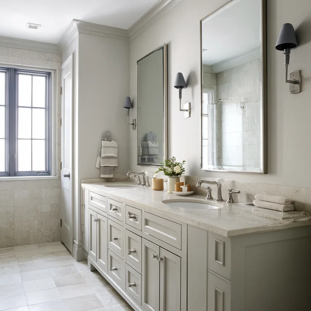 bathroom with a long off-white double vanity, two simple mirrors, pale stone countertop, modest styling bathroom with a long off-white double vanity, two simple mirrors, pale stone countertop, modest styling