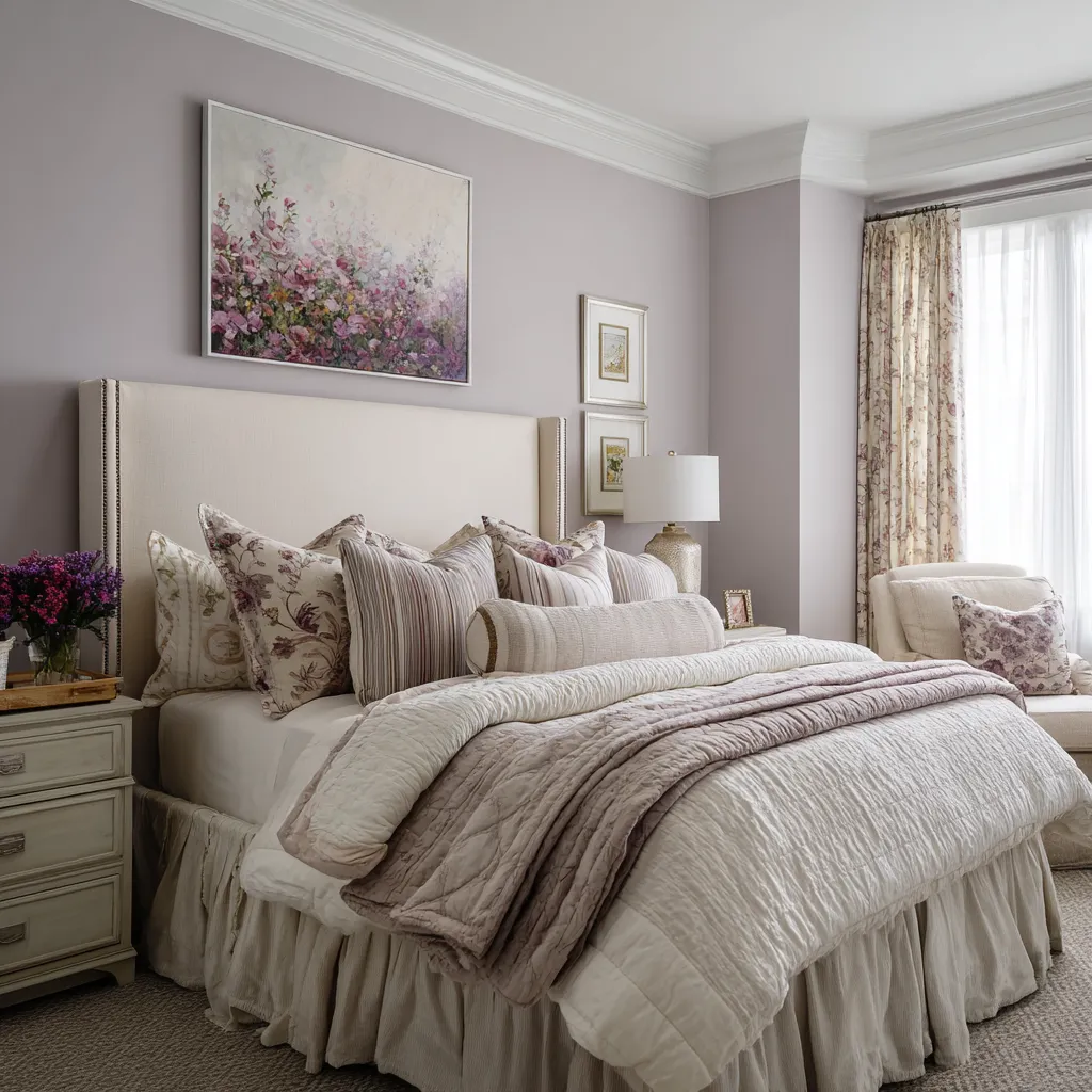 bedroom with lavender-gray walls, a tall wingback upholstered headboard, floral and striped pillows, gathered bed skirt bedroom with lavender-gray walls, a tall wingback upholstered headboard, floral and striped pillows, gathered bed skirt