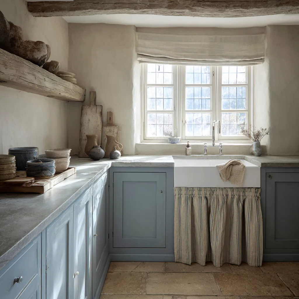 blue-gray shabby chic kitchen with rough timber beams, plaster walls, dusty cabinets, a striped sink skirt blue-gray shabby chic kitchen with rough timber beams, plaster walls, dusty cabinets, a striped sink skirt