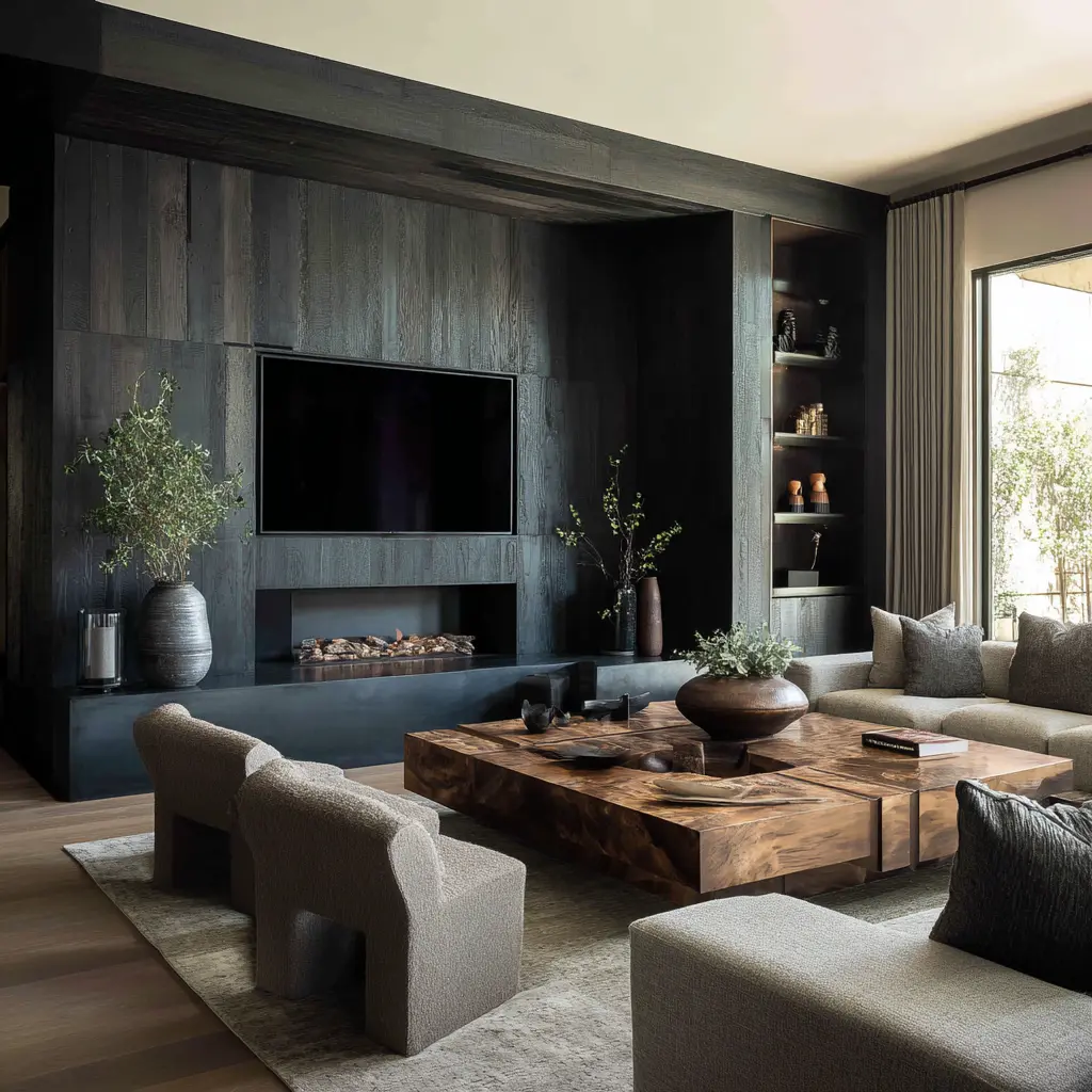 charcoal wood TV wall design with integrated fireplace, vertical plank texture, recessed display shelving with lighting, and warm modern living room charcoal wood TV wall design with integrated fireplace, vertical plank texture, recessed display shelving with lighting, and warm modern living room