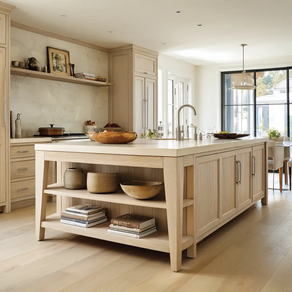 classic furniture style kitchen island with slim tapered legs, open end shelving for pottery and books, thick stone top, and a calm kitchen classic furniture style kitchen island with slim tapered legs, open end shelving for pottery and books, thick stone top, and a calm kitchen