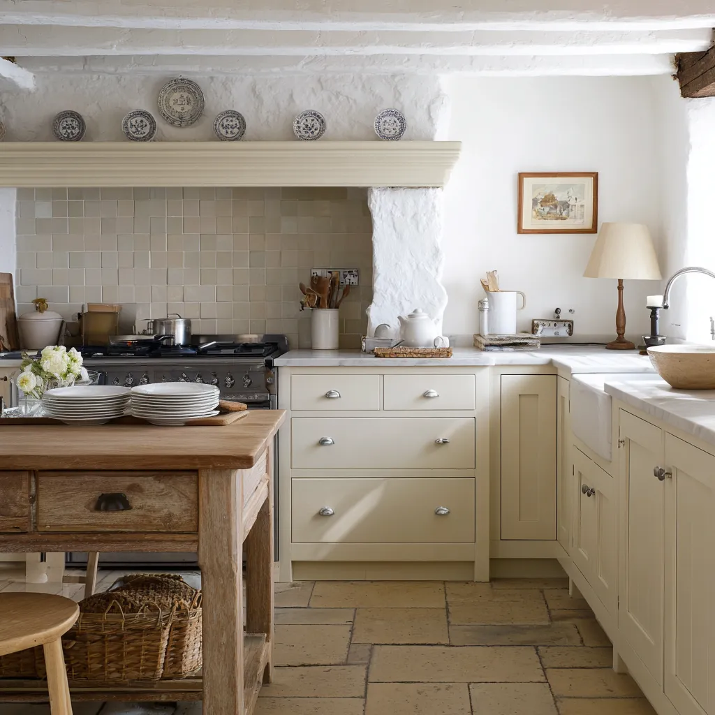 domestic kitchen with a plastered hearth-like range wall, pale square tile backsplash domestic kitchen with a plastered hearth-like range wall, pale square tile backsplash