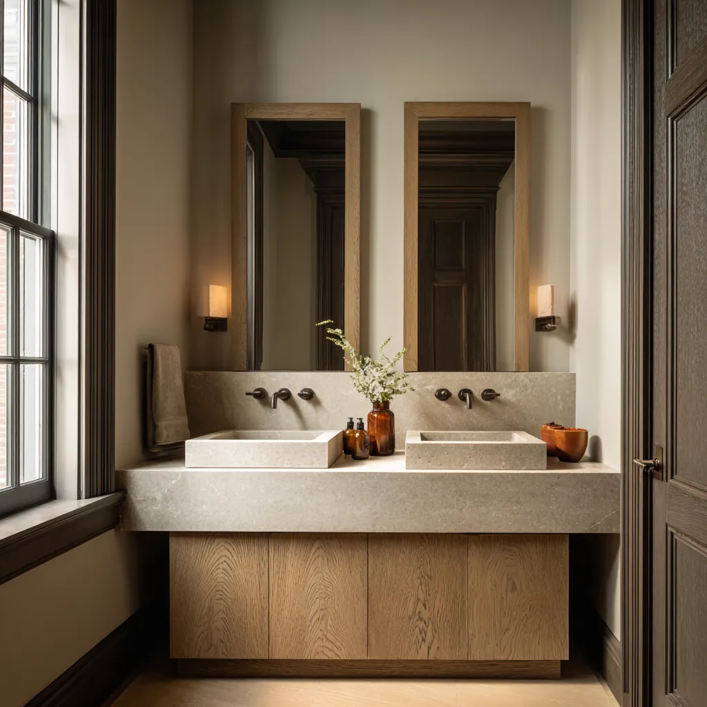 double-vanity bathroom with warm wood cabinetry, thick pale stone slab, two framed mirrors, dark wall-mounted faucets double-vanity bathroom with warm wood cabinetry, thick pale stone slab, two framed mirrors, dark wall-mounted faucets