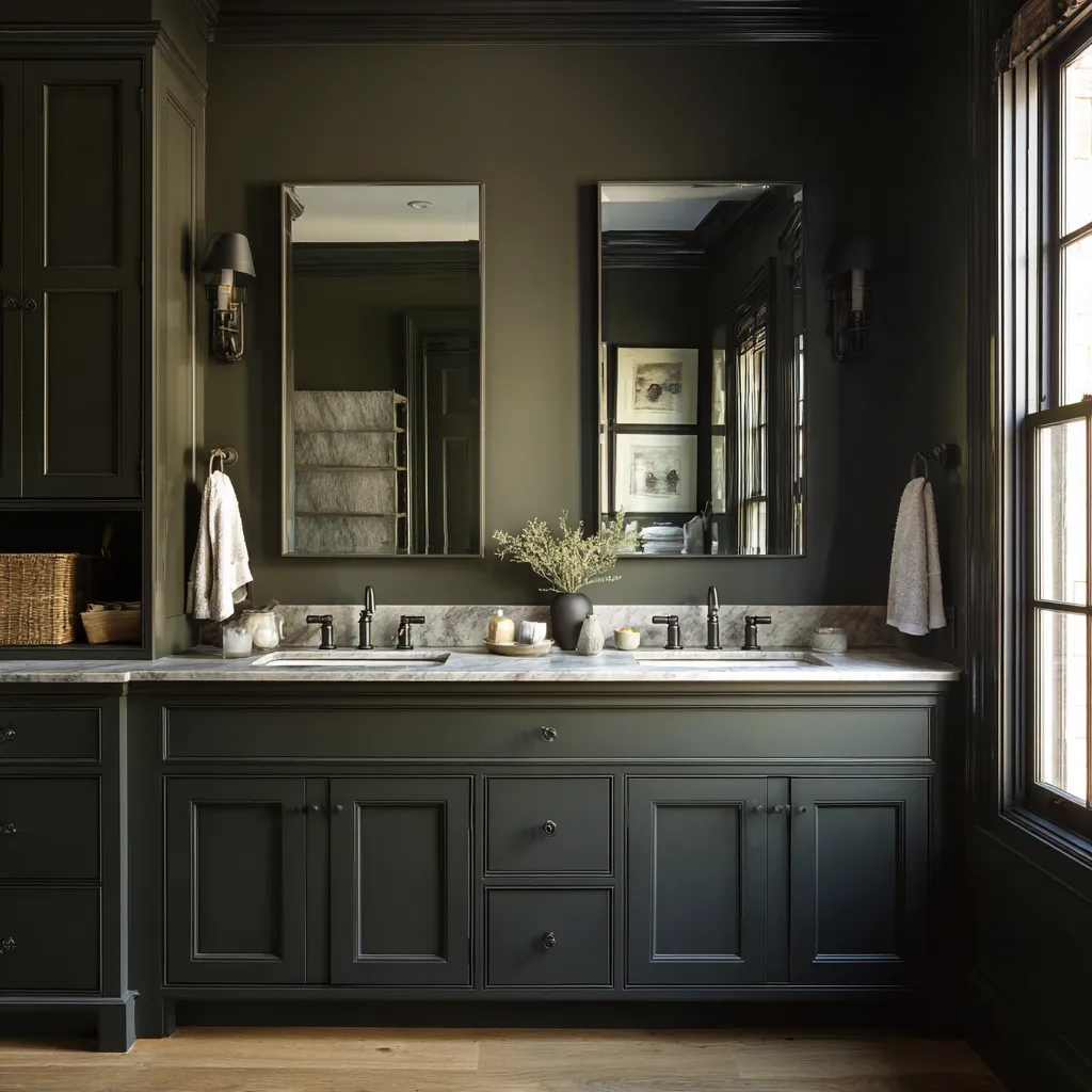enveloping Colonial bathroom with green-black paneled cabinetry, pale marble counter, twin mirrors, built-in storage enveloping Colonial bathroom with green-black paneled cabinetry, pale marble counter, twin mirrors, built-in storage