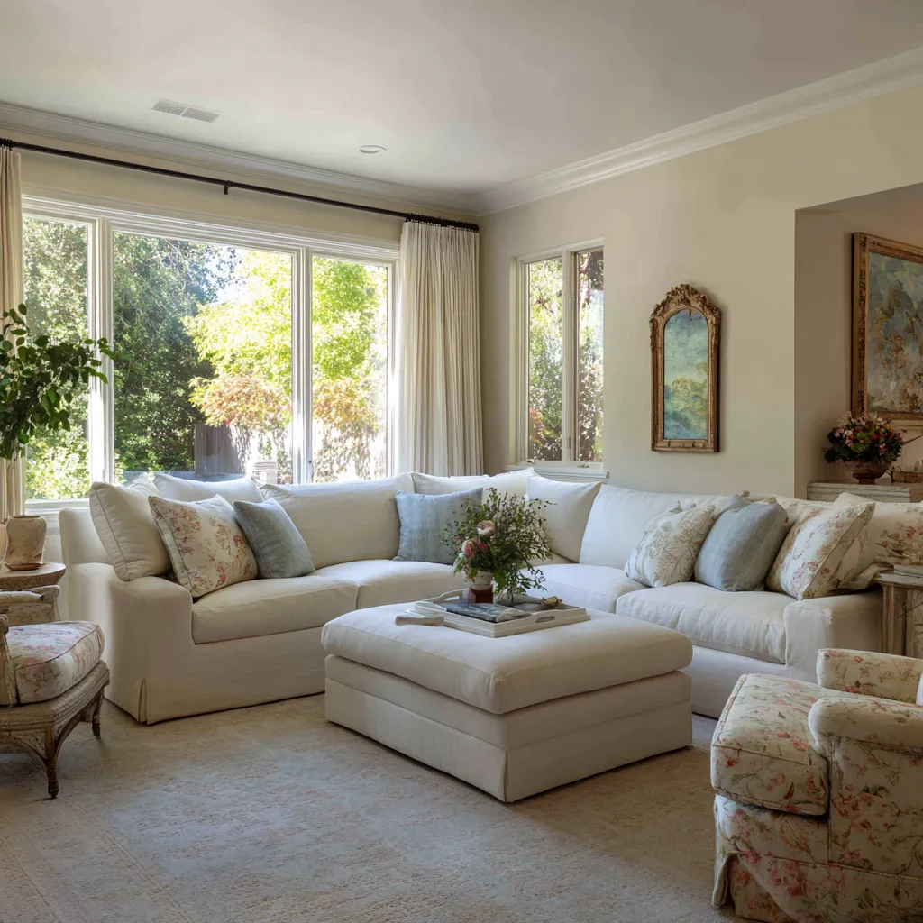 family-scale modern shabby chic living room with creamy sectional, oversized ottoman, floral accent chairs family-scale modern shabby chic living room with creamy sectional, oversized ottoman, floral accent chairs