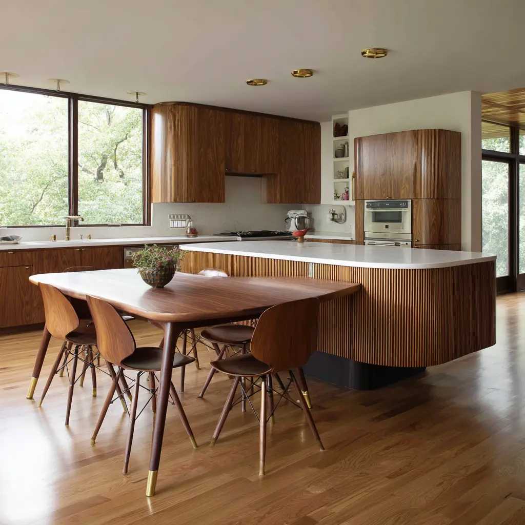 fluted wood kitchen island with a long curved face, white stone top, matching rounded dining furniture fluted wood kitchen island with a long curved face, white stone top, matching rounded dining furniture