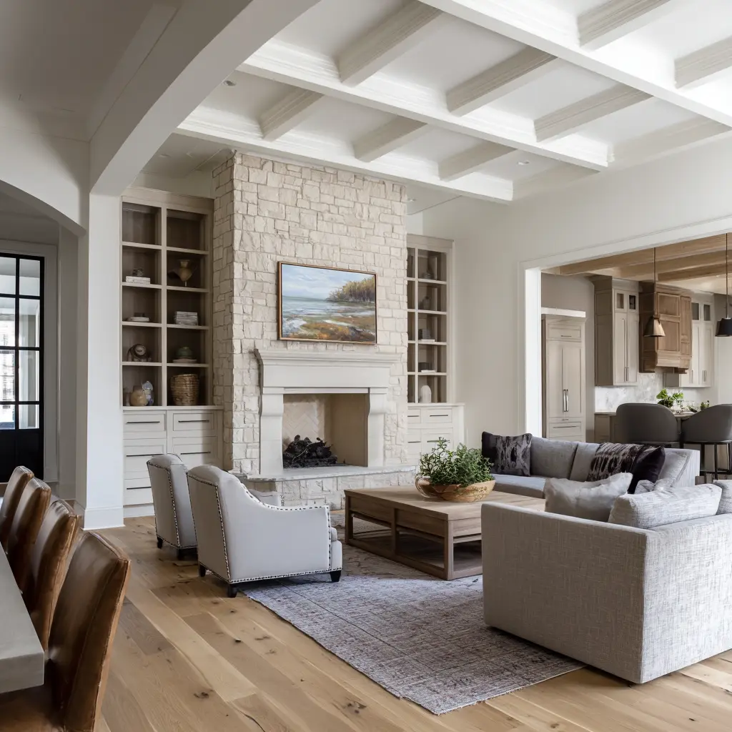 great room with a classic mantel set into a stone chimney, balanced by built-ins, warm wood tones