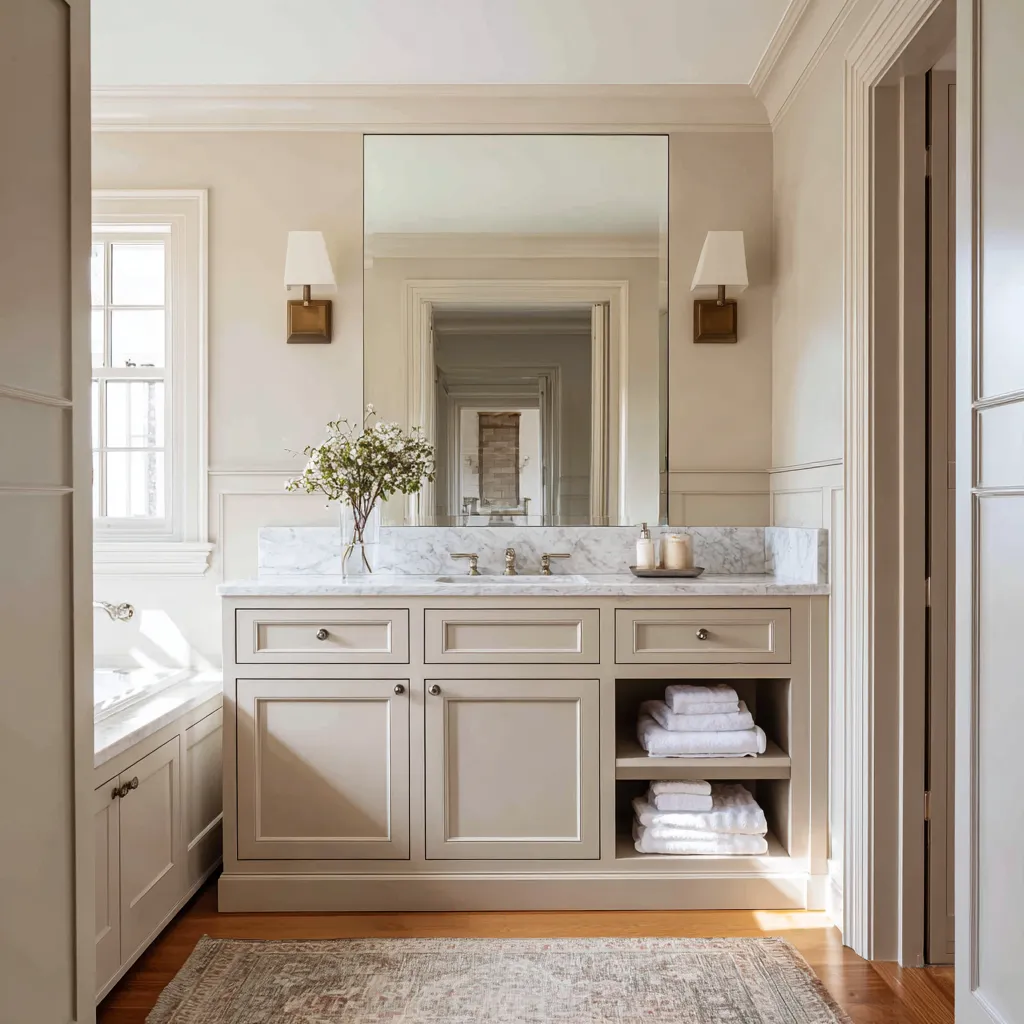 greige Colonial bathroom with a paneled vanity, large rectangular mirror, open towel shelving, pale marble backsplash greige Colonial bathroom with a paneled vanity, large rectangular mirror, open towel shelving, pale marble backsplash